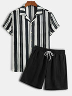 Knit Jacquard Striped Short Sleeve Shirt & Linen-Blend Shorts Set