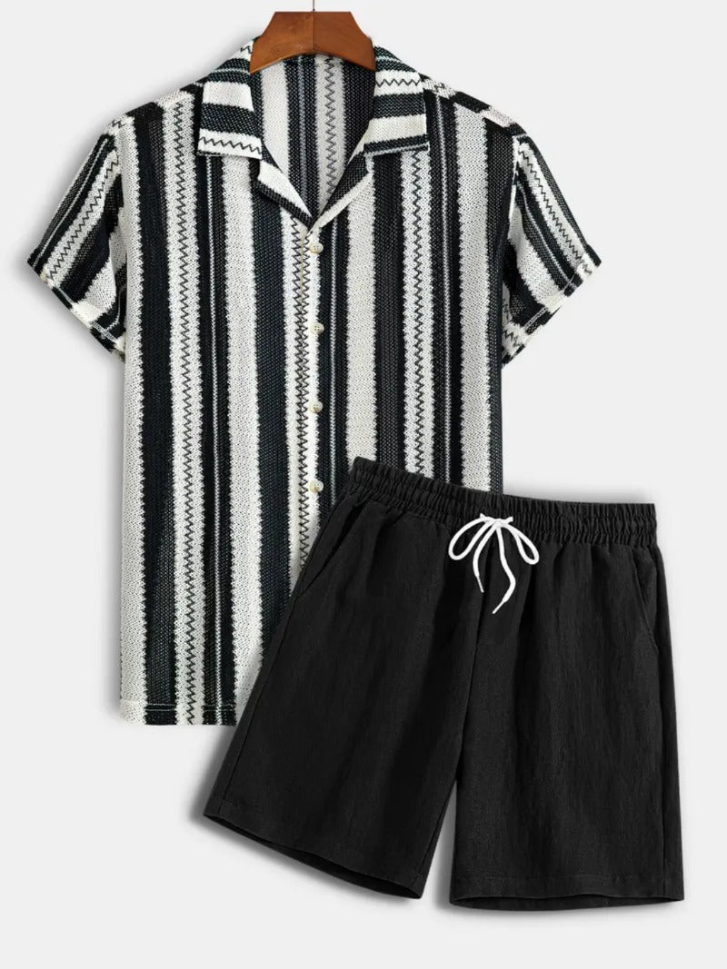 Knit Jacquard Striped Short Sleeve Shirt & Linen-Blend Shorts Set