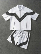 Men's Summer Fashion Patchwork Zipper Short-Sleeve Top & Shorts Set