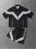Men's Summer Fashion Patchwork Zipper Short-Sleeve Top & Shorts Set